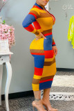 バーガンディ カジュアル プリント パッチワーク ジッパー カラー ペンシル スカート ドレス