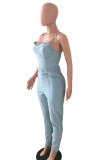 Baby Blue Casual Solid Patchwork With Belt Spaghetti Strap Sleeveless Skinny Denim Jumpsuits