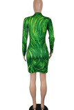 Green Sexy Print Patchwork Zipper Collar Pencil Skirt Dresses