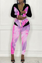 Фиолетовый модный повседневный принт в стиле пэчворк с воротником-молнией и длинным рукавом из двух частей
