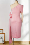 Patchwork sólido elegante rosa com arco oblíquo colarinho vestidos de saia lápis