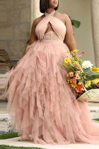 ピンクのセクシーなプラスサイズのパッチワークシースルーバックレスホルターロングドレス