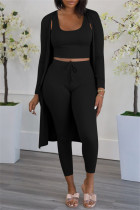Black Fashion Casual Solid Cardigan Vests Pants U Neck Long Sleeve Three-piece Set