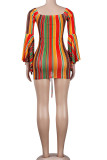 Multicolor Sexy Striped Print Patchwork Draw String Fold Asymmetrical O Neck Pencil Skirt Dresses