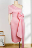 スカイブルーのエレガントなソリッドパッチワークリボン斜め襟ペンシルスカートドレス