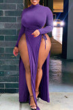紫のセクシーな固体くり抜かパッチワーク小帯高開口部ハーフタートルネックストレートプラスサイズのドレス