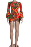 Multicolor Sexy Striped Print Patchwork Draw String Fold Asymmetrical O Neck Pencil Skirt Dresses