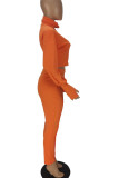 Orangefarbener, lässiger, solider Rollkragen-Zweiteiler mit Patchwork-Reißverschluss und langen Ärmeln