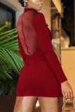 Bordeauxrode sexy effen uitgeholde patchwork doorzichtige halve coltrui A-lijn jurken