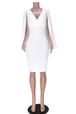 White Sexy Solid Pearl V Neck Pencil Skirt Dresses
