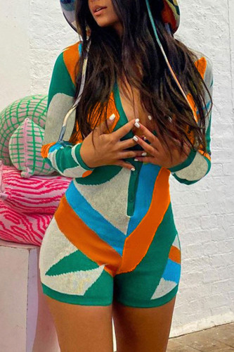Green Casual Print Patchwork Buttons V Neck Skinny Rompers
