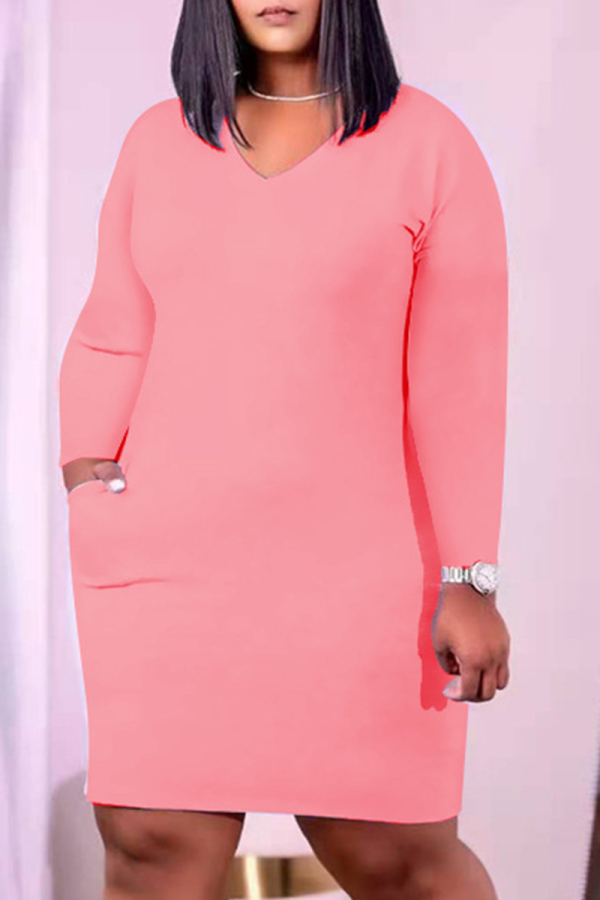 Розовая повседневная однотонная лоскутная юбка-карандаш с V-образным вырезом Платья больших размеров