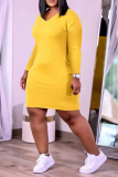 Yellow Casual Solid Patchwork V Neck Pencil Skirt Plus Size Dresses