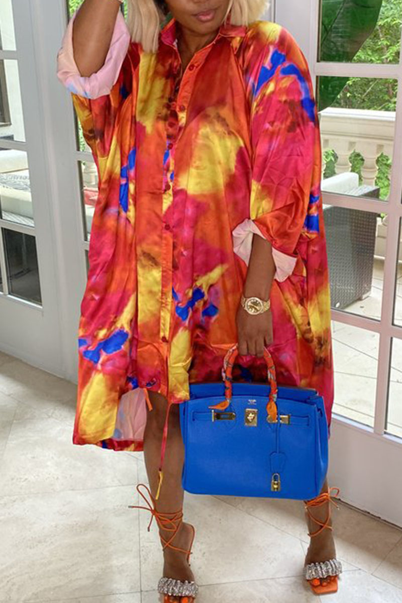 

Red Casual Print Patchwork Buckle Shirt Dress Dresses