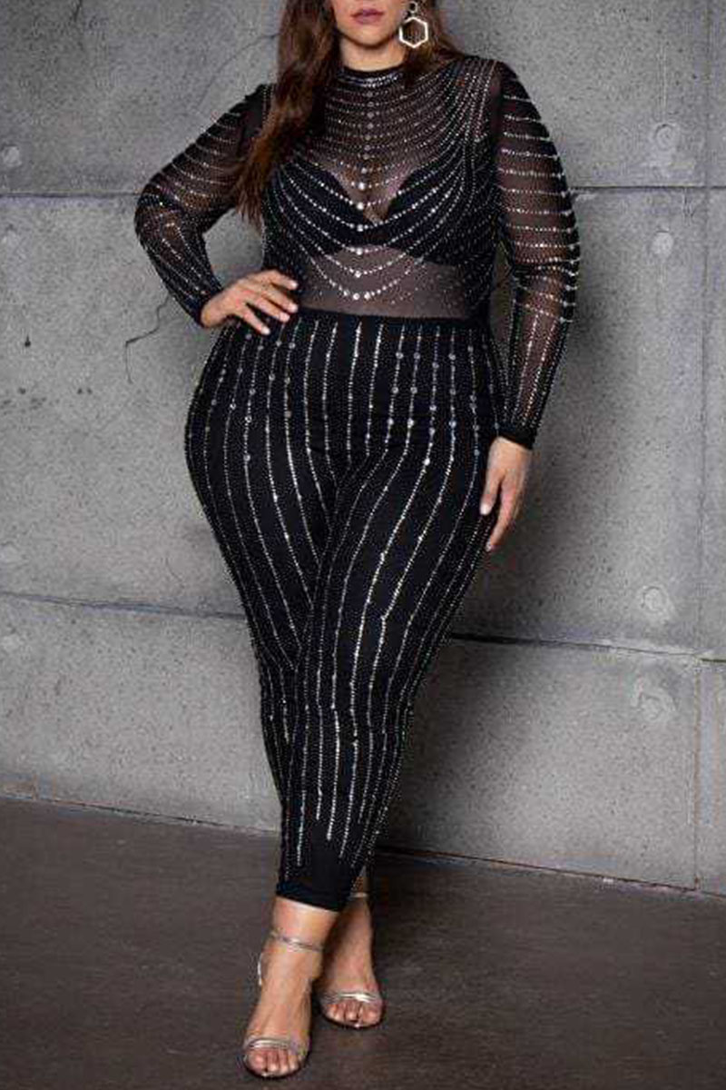 

Black Sexy Solid Split Joint See-through Hot Drill O Neck Regular Jumpsuits