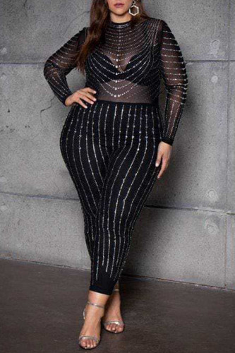 Black Sexy Solid Split Joint See-through Hot Drill O Neck Regular Jumpsuits
