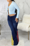 Blaue, lässig bedruckte Patchwork-Denim-Jeans mit mittlerer Taille und Boot-Cut