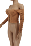 Camel Sexy Solid Patchwork Off the Shoulder Tops