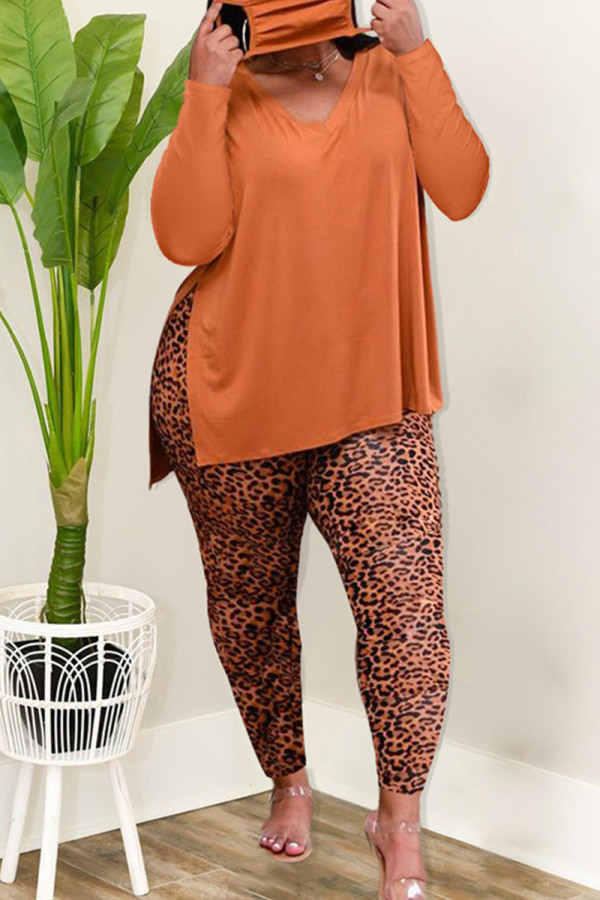 Arancione moda casual stampa leopardo fessura scollo a V taglie forti due pezzi