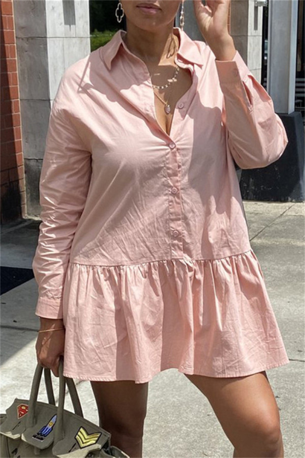 Розовое модное повседневное однотонное базовое платье-рубашка с отложным воротником и длинными рукавами