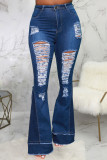 Dark Blue Street Patchwork High Waist Distressed Flare Leg Ripped Denim Jeans