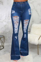 Jeans jeans de cintura alta com retalhos rasgados de rua azul escuro