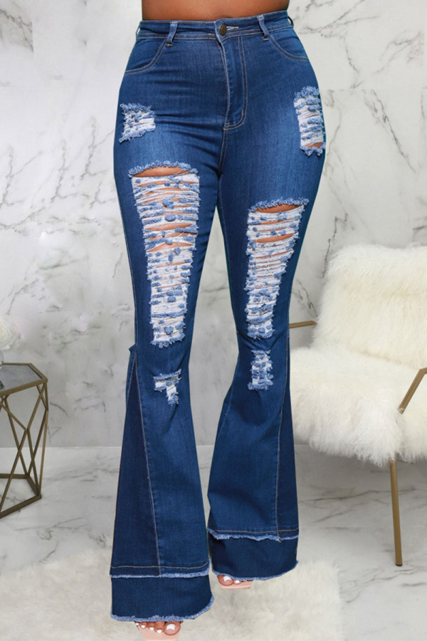 Mörkblå Street Ripped Patchwork Jeans med hög midja