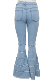 Dark Blue Casual Solid Tassel Mid Waist Boot Cut Denim Jeans