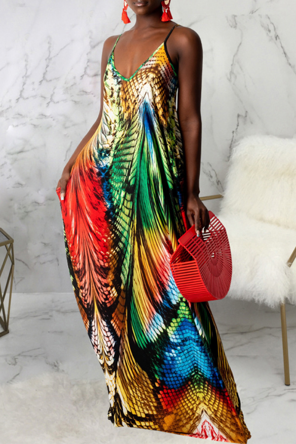 Veelkleurige sexy print patchwork rechte jurken met spaghettibandjes