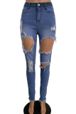 Blue Sexy Solid Ripped Mid Waist Skinny Denim Jeans