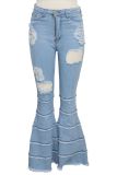 Dark Blue Casual Solid Mid Waist Boot Cut Raw Hem Flare Leg Tassel Denim Jeans