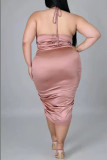 Rosa Sexy Patchwork-Frenulum-Rückenfreies, gefaltetes Neckholder-Kleid in Übergröße