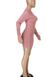 Vestidos casuais roxo claro com estampa xadrez patchwork com zíper e gola A