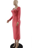 Roze elegante effen patchwork asymmetrische kraag A-lijn jurken