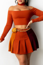 Naranja sexy casual patchwork sin espalda fuera del hombro manga larga dos piezas (sin cadena de cintura)
