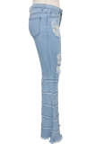 Jeans jeans azul bebê casual borla sólida cintura média com corte de bota