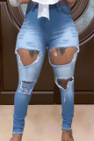 Jeans de mezclilla ajustados de cintura media rasgados sólidos sexy azul
