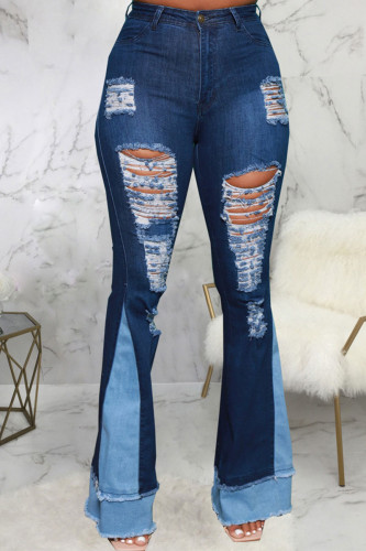 Blue Street Patchwork High Waist Distressed Flare Leg Ripped Denim Jeans