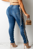 The cowboy blue Sexy Solid Hollowed Out Patchwork Frenulum High Waist Skinny Denim Jeans