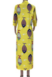 Желтое повседневное платье-рубашка с отложным воротником и пряжкой в ​​стиле пэчворк с принтом Платья Платья