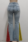 Blue Casual Print Patchwork Mid Waist Boot Cut Denim Jeans