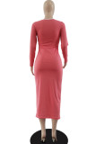 Roze elegante effen patchwork asymmetrische kraag A-lijn jurken