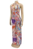 Pink Sexy Print Patchwork Halter Straight Jumpsuits