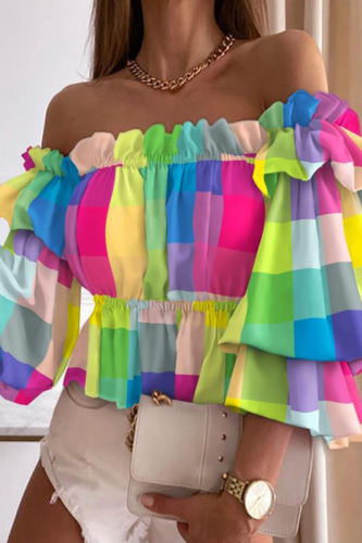 Kleur elegante print patchwork volant off-shoulder tops