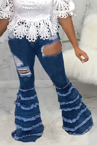 Dark Blue Casual Solid Mid Waist Boot Cut Raw Hem Flare Leg Tassel Denim Jeans