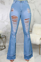 Baby Blue Street Patchwork High Waist Distressed Flare Leg Ripped Denim Jeans