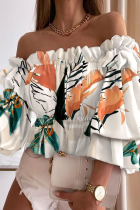 Mandarinenrotes, schulterfreies Patchwork-Volant-Oberteil mit elegantem Print