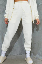 Cream White Fashion Casual Solid Pocket Regular High Waist Trousers