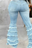 Baby Blue Casual Solid Tassel Mid Waist Boot Cut Denim Jeans