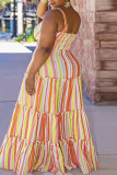 Yellow Casual Striped Print Patchwork Fold Spaghetti Strap Sling Dress Plus Size Dresses